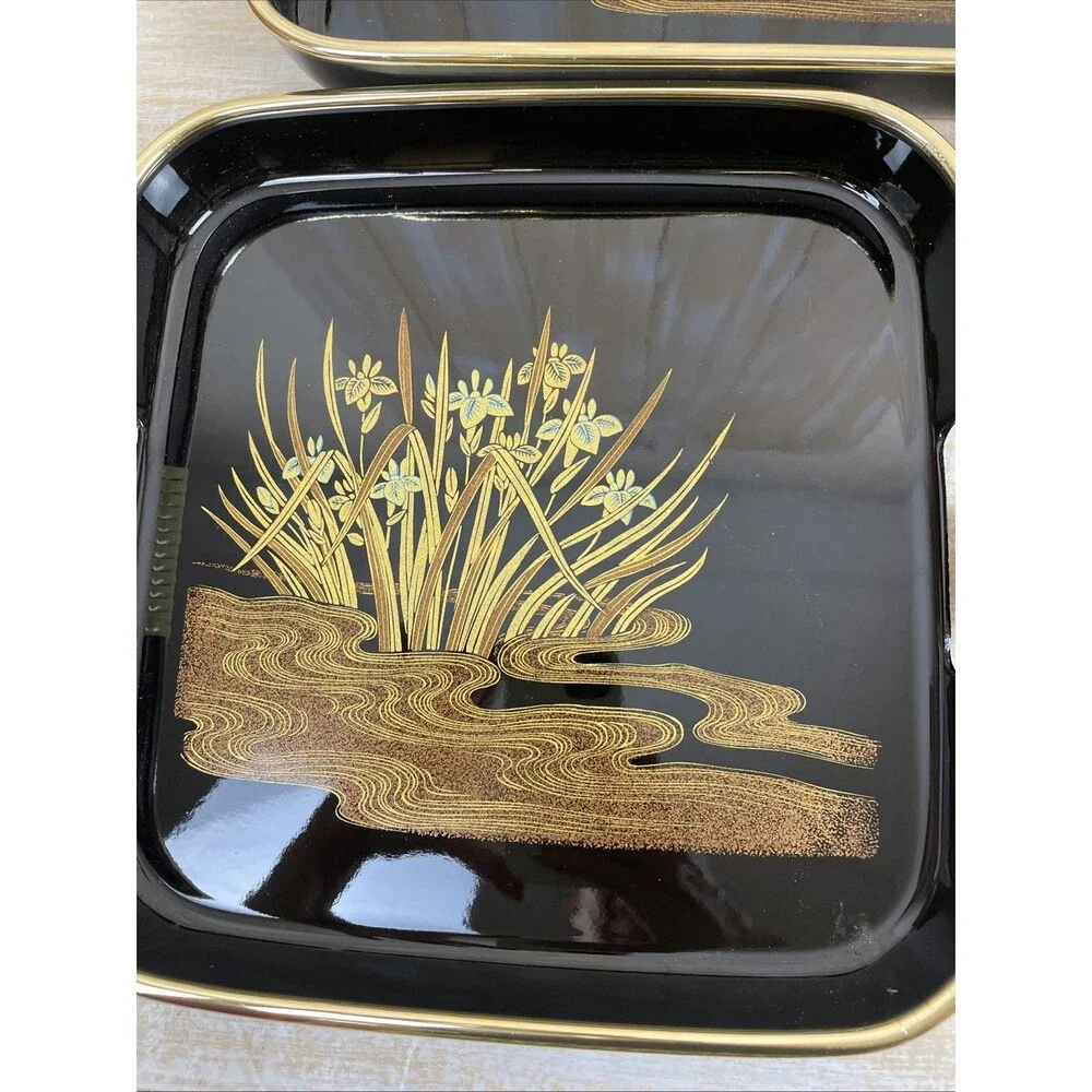 Vintage 3 Pc Nesting Serving Tray Set Lacquerware Iris Black & Gold Toyo Japan